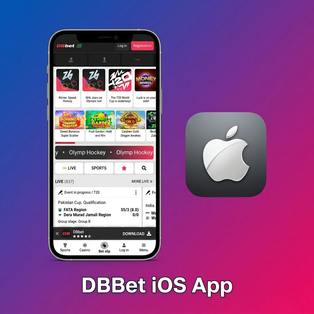 DBBet iOS app interface on iPhone and iPad showing sports betting and live casino features available in Bangladesh