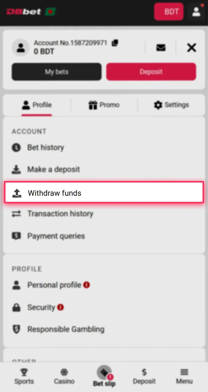 The Withdrawal section is located in the menu of your personal profile on the DBbet website.